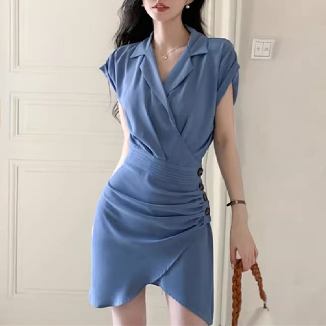【ELEGANTSSシリーズ】シャツワンピース 不規則 藍 膝上 シンプル ブルー S M L XL