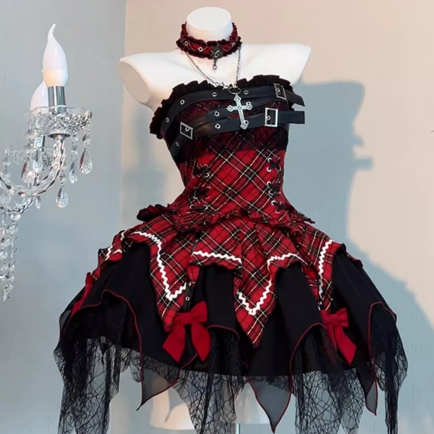 ♡XHSUKADO♡ 赤チェック 非力 フリルスカート パンク サブカル ♡XHSUKADO♡ 赤チェック 非力 フリルスカート パンク サブカル