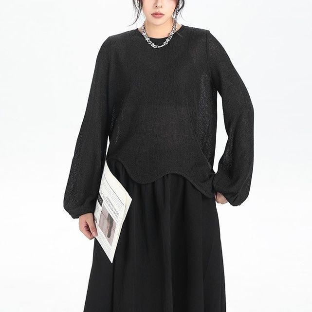 SOLID ROUND NECK IRREGULAR HEM PULLOVER TOP 2colors M-14573
