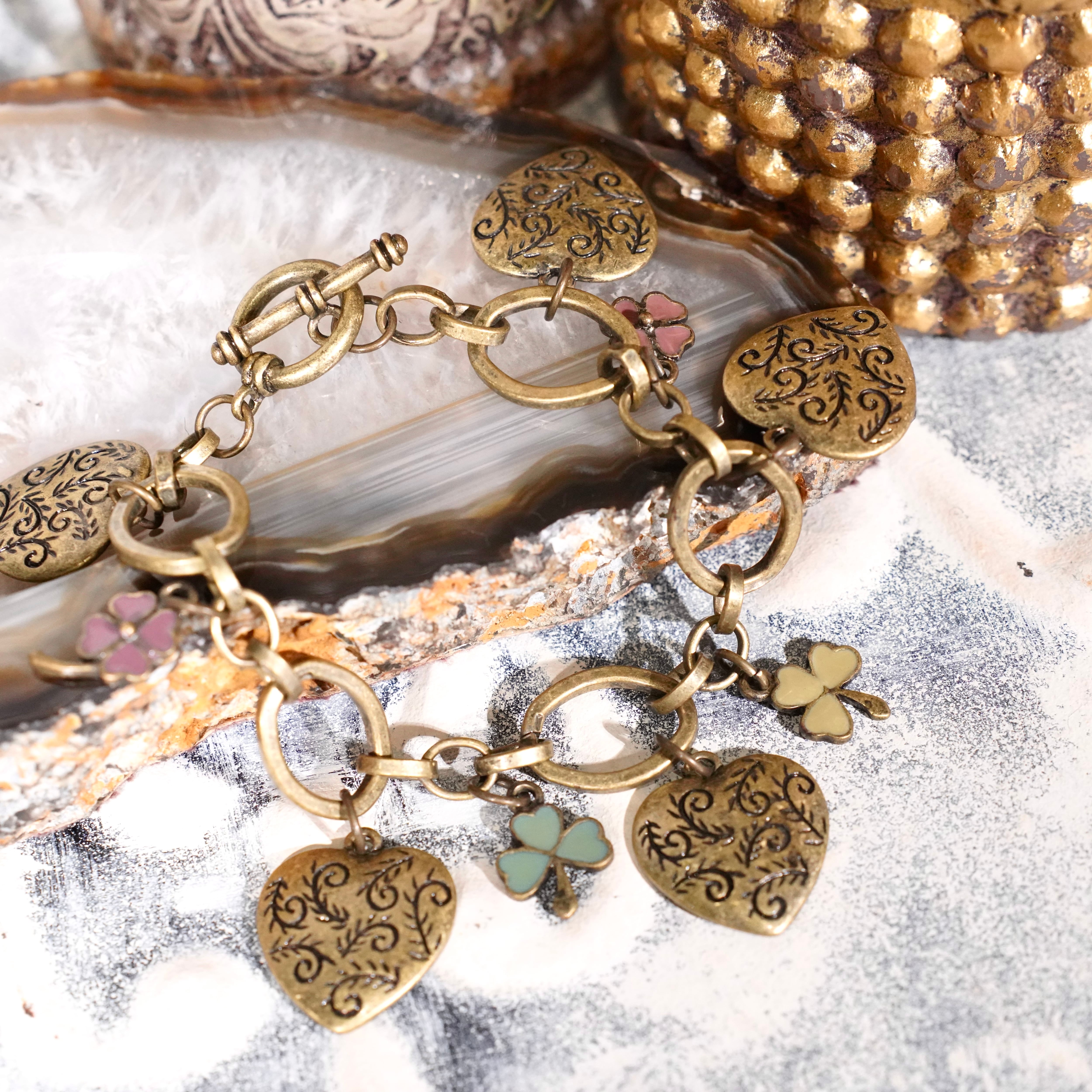 VINTAGE ヴィンテージ ヨーロピアンデザイン チェーン ブレスレット USA VINTAGE HEART&CLOVER DESIGN CHAIN BRACELET/アメリカ古着ハート