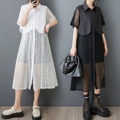 レイヤード風 シースルー シャツワンピース 30159