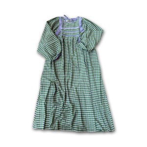 saruche ベンガル手織り布 チェックのパイピングギャザースリーブワンピース　Green Checks