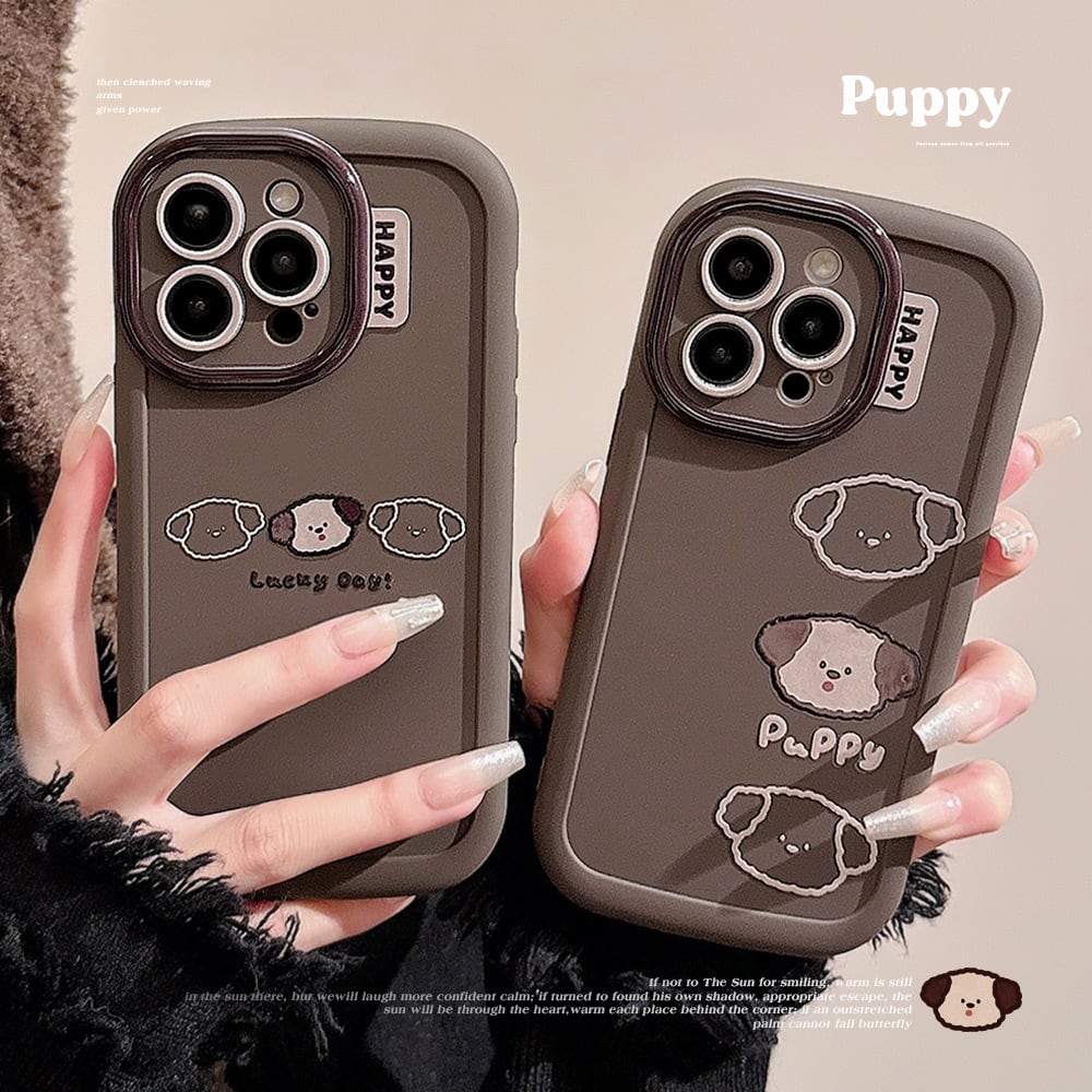 【iPhone16シリーズ対応】子犬が並んでるよ◎かわいい puppy ブラウン 韓国っぽケース カメラ保護フレーム ワンちゃん イラスト スマホケース ND-15167