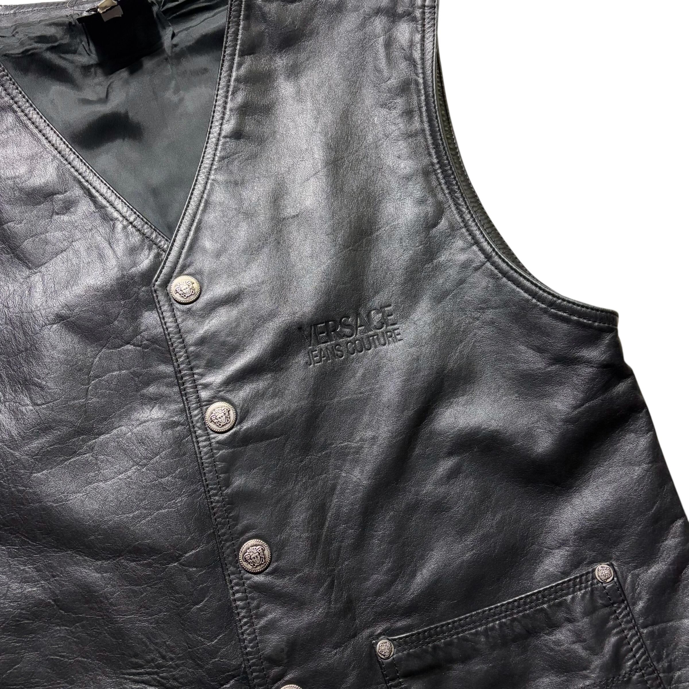 vintage VERSACE JEANS COUTURE logo embossed black leather vest