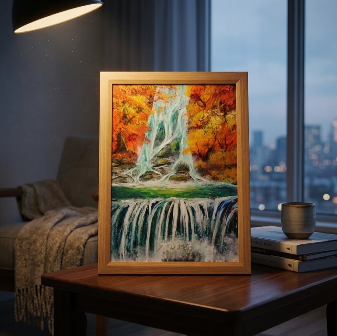 油彩画・原画】『錦秋の咆哮』秋を彩る滝の風景（A4サイズ・額縁入り