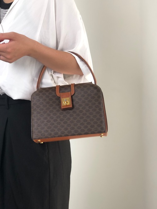 CELINE セリーヌ ハンドバッグ ブラウン マカダム ガンチーニ PVC レザー vintage ヴィンテージ オールド hjb52j