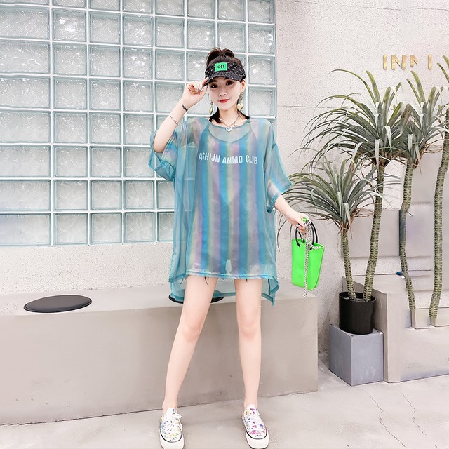 サマーラウンドネックメッシュトップス 大きめサイズ 夏物 Oネック ミックスインファッション85017051045