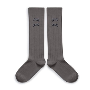 Collegien / Hortense Ribbed Knee-high Socks with Velvet Bows - Gris Galet