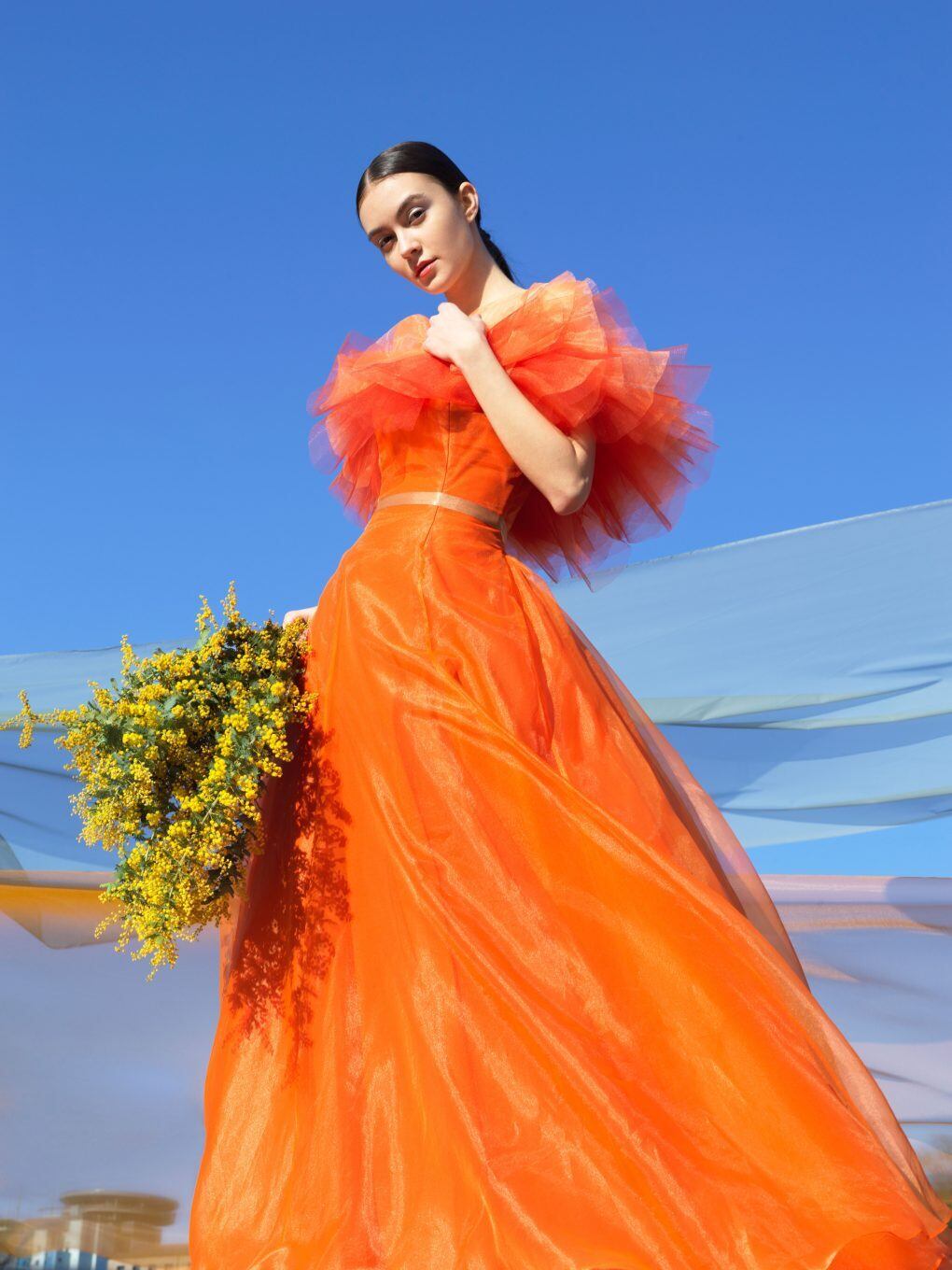 カラードレス オレンジ オフショルダー ベルト ソフトチュール 派手な  