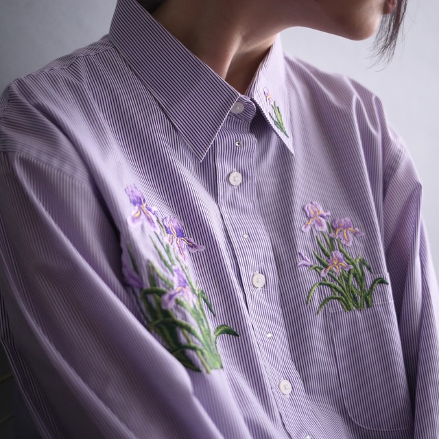 "花×刺繍" purple stripe loose shirt