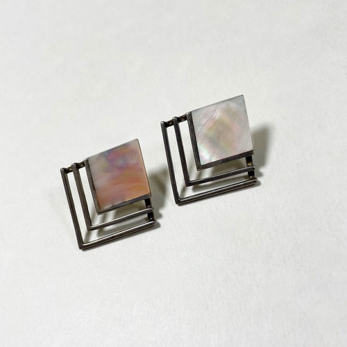 Vintage Rhombus Sterling & Shell Pirced Earrings