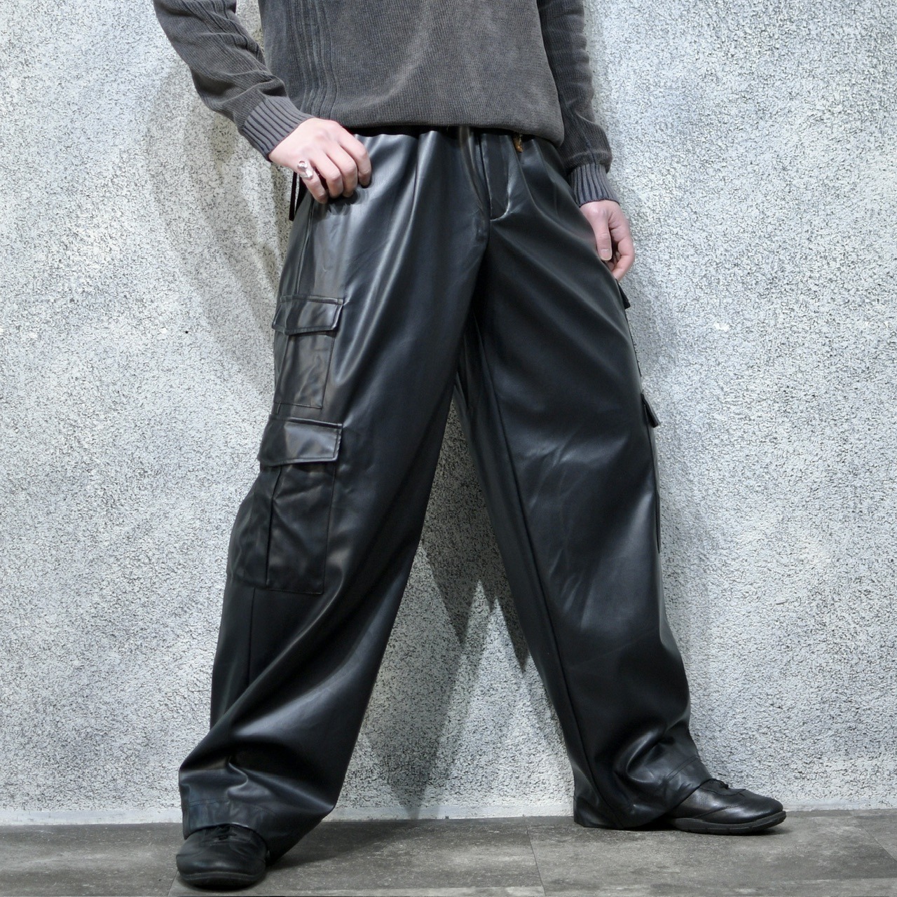 dead stock fake leather wide cargo pants