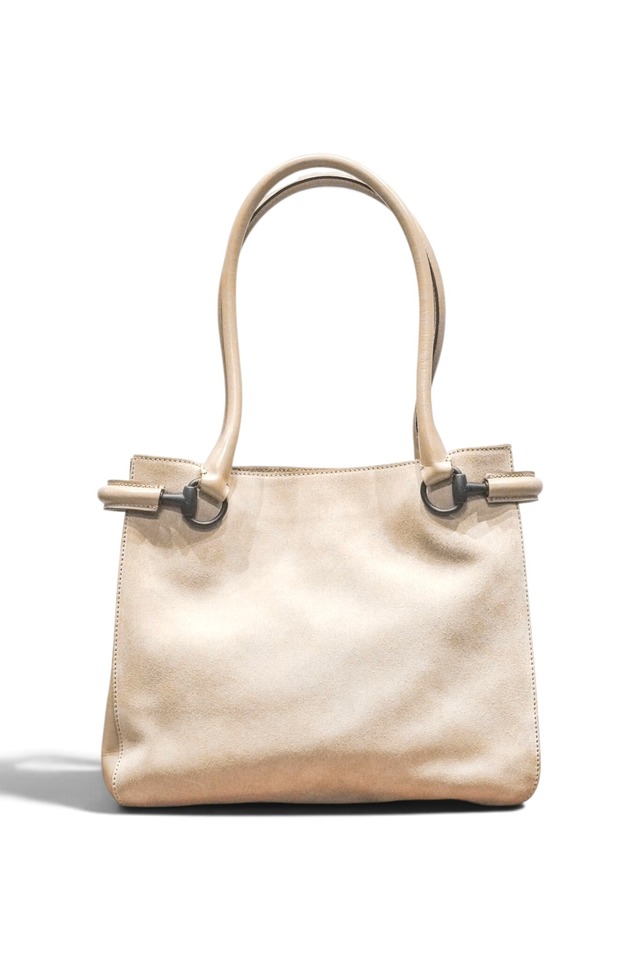 90's "GUCCI" Ecru Calf Suede Leather Horse Bit Design Hand Bag (Design by Tom Ford)