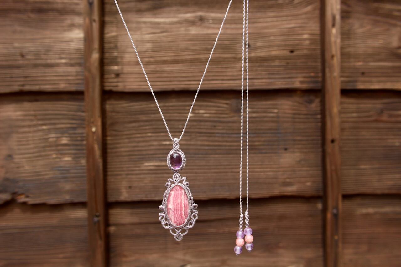 Rhodochrosite & Amethyst micro macrame pendant