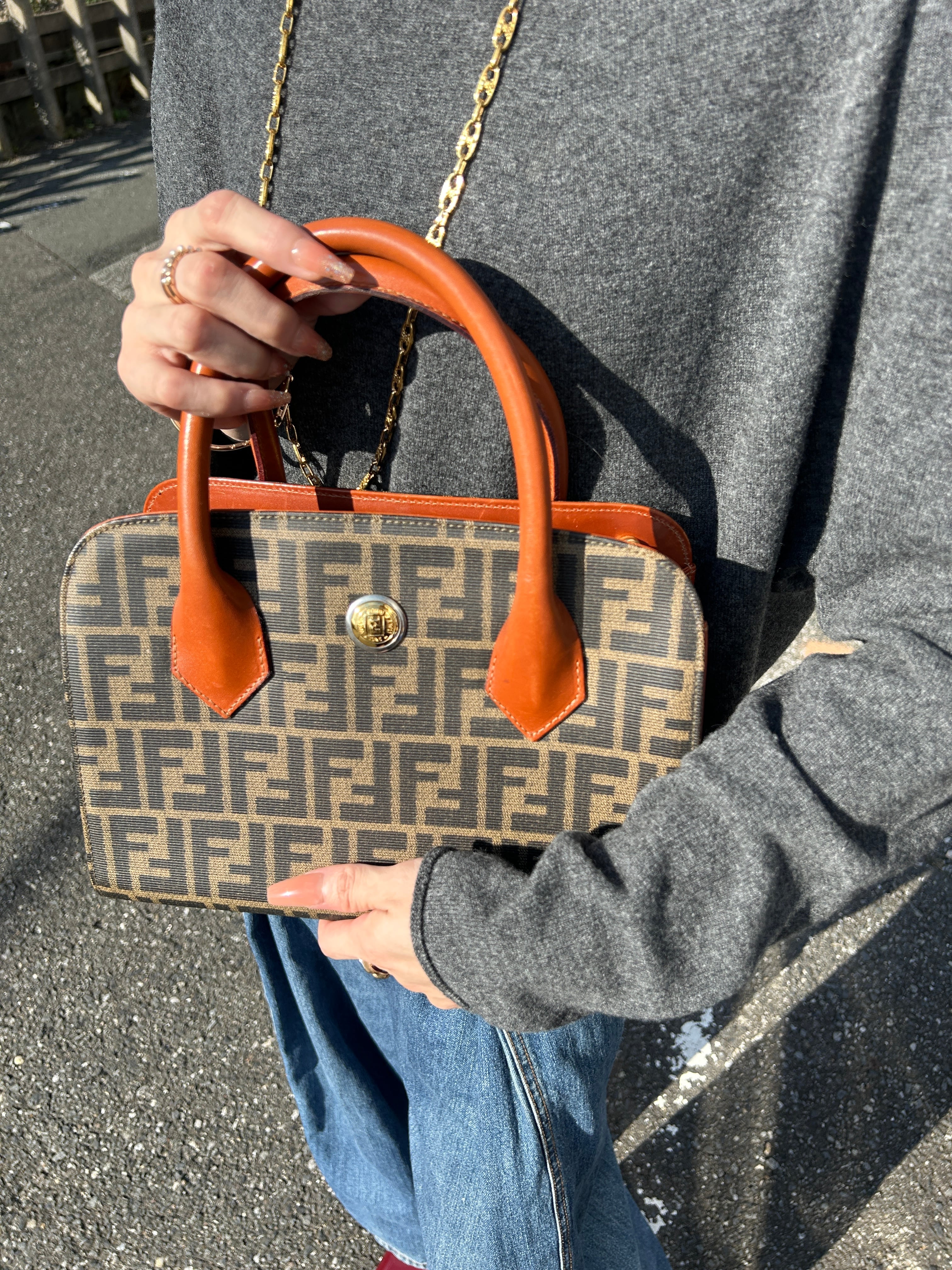 FENDI フェンディ ズッカ ハンドバッグ ブラウン ロゴ PVC レザー ボストン vintage ヴィンテージ オールド ewdytc