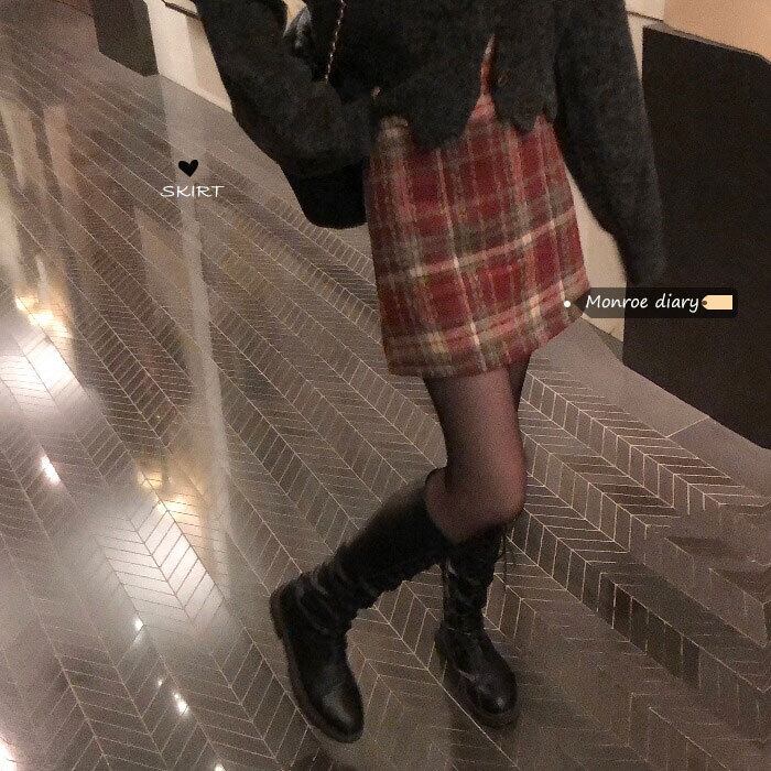 レッド格子柄スカート ショートオータムウィンターハイウェストウェストAライン 秋物 冬物 モンロー49326229674