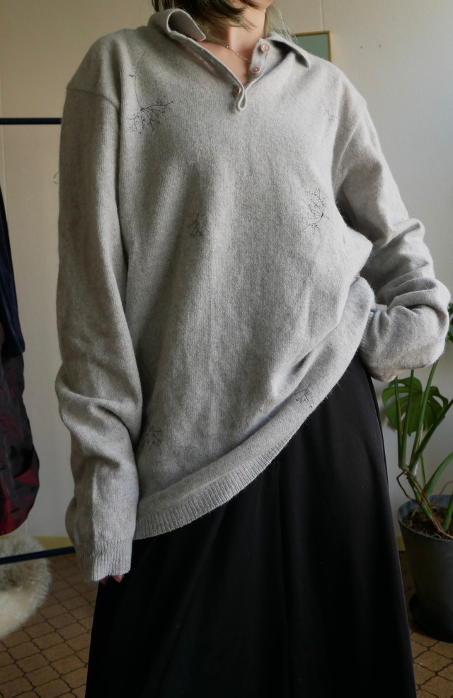80s-90s Italy Made Angora Merino Wool Floral Embroidery Knit Polo