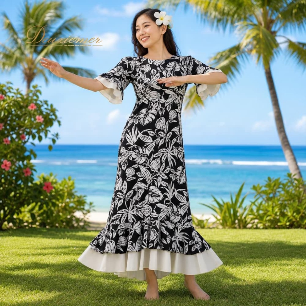 フラダンス 衣装 T&L MUUMUU FACTORY ムームーファクトリー ワンピース ドレス ブラック系 花柄 植物柄 ハワイアンプリント ハワイアン アロハ フラ ダンス レッスン 練習 黒 灰色 白 グレイ系 ホワイト系 ハワイアンダンス フリル モノトーン かわいい おしゃれ 上品 大人っぽい ハワイ製