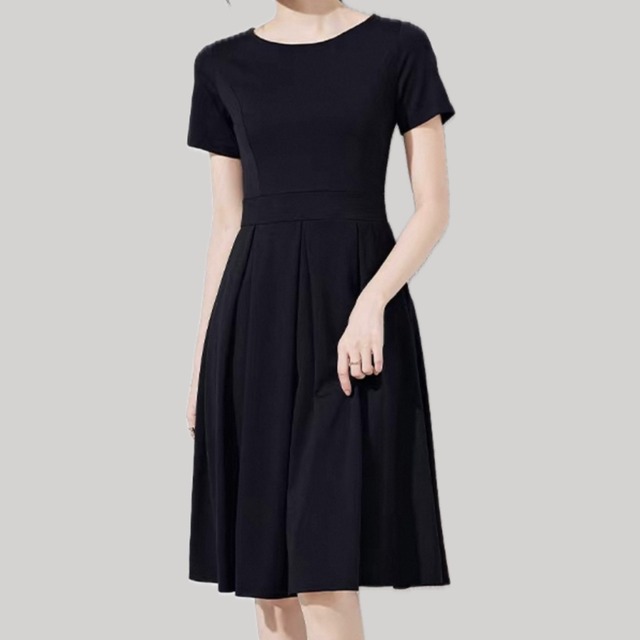 Navy round neck short sleeve waist shape flare dress　00184