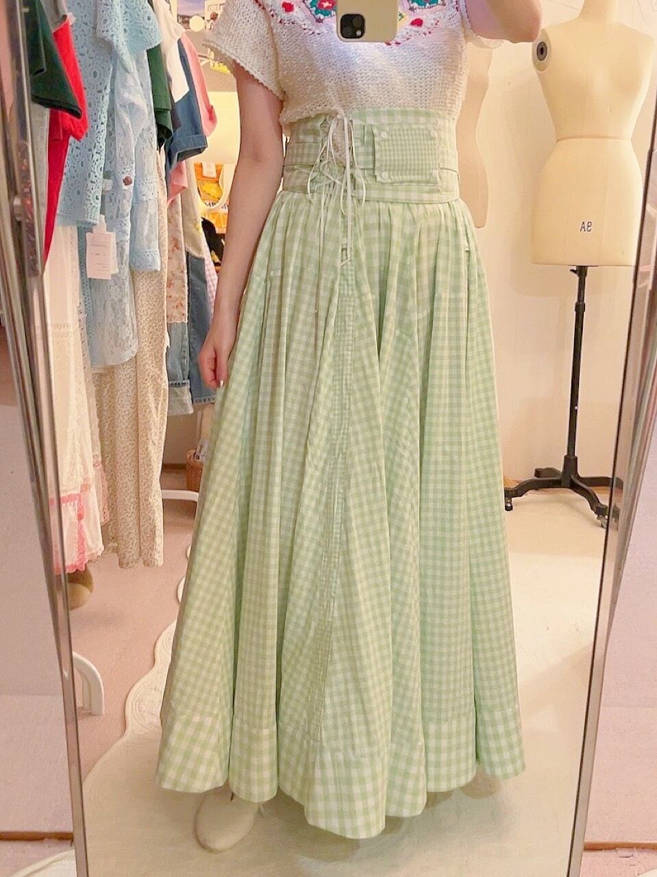 original : transformation belt gingham check skirt . green