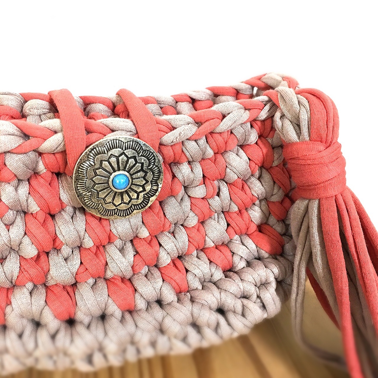 ズパゲッティ マチありポーチ グレー×ピンクmix編み | aplusjkobo 