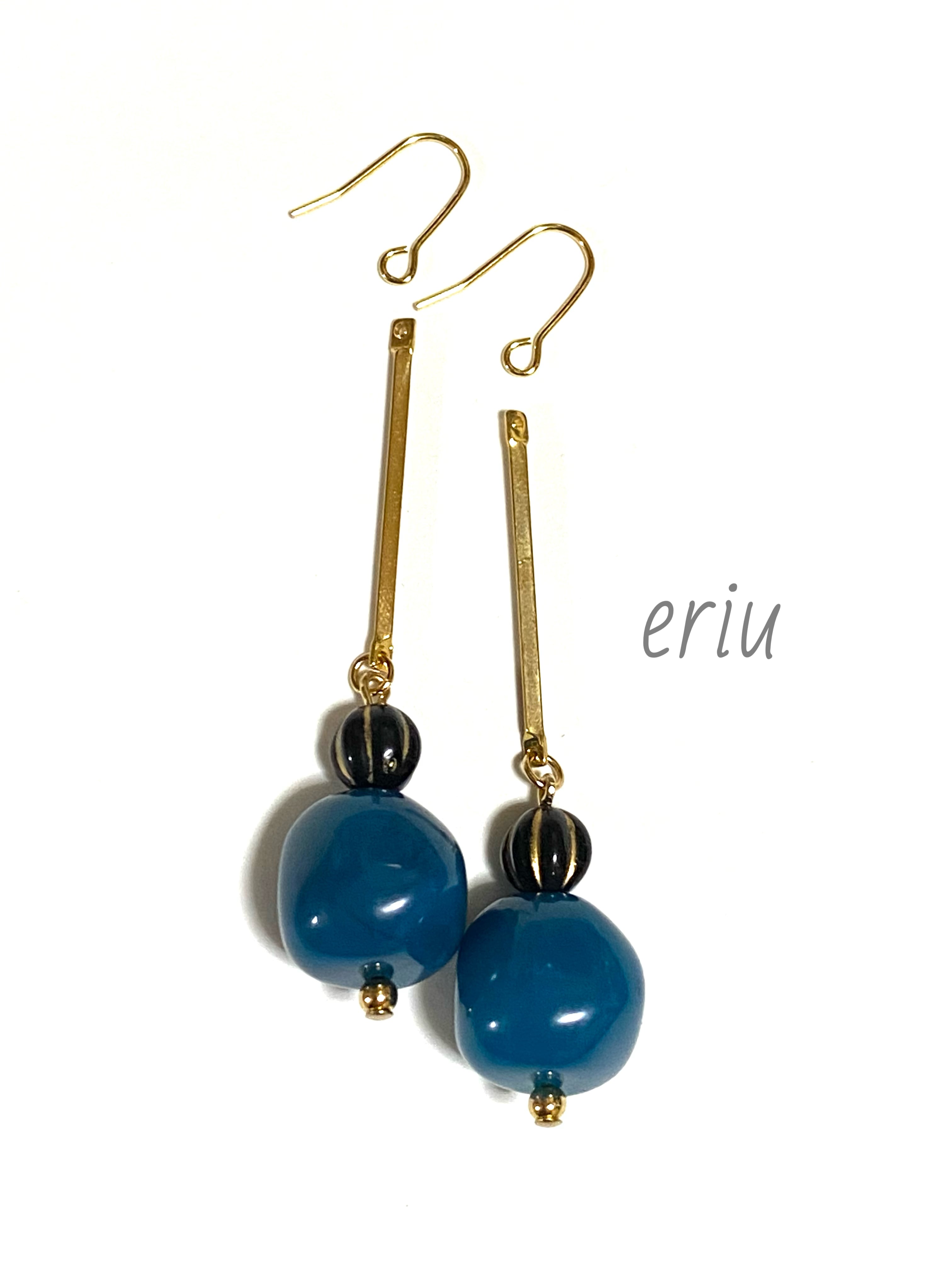 newブルーマーブル×ブラックゴールド×ゴールドロング ピアス