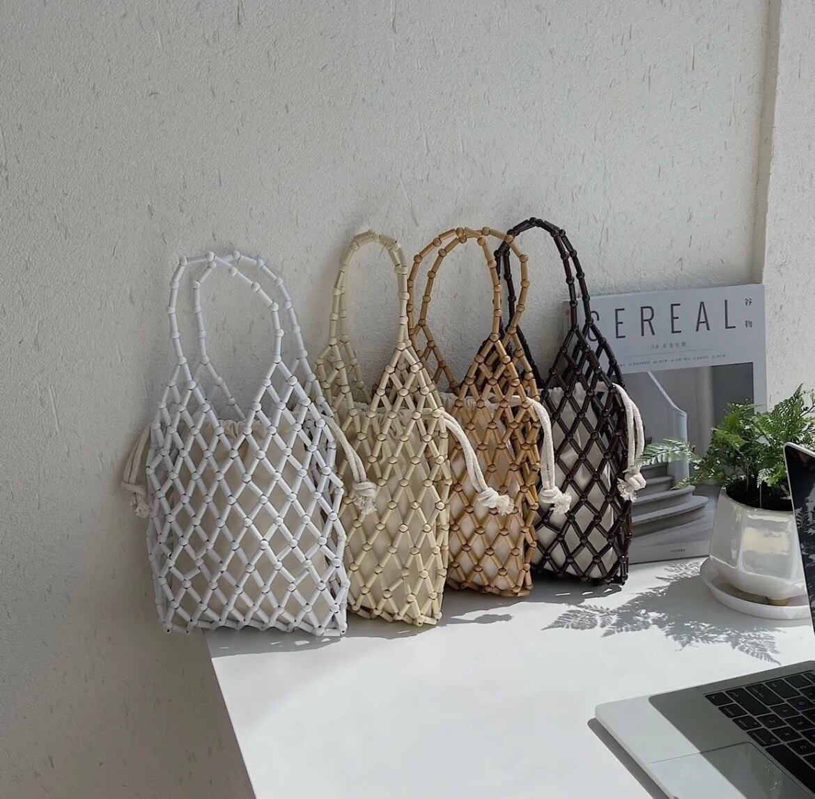 4color / 巾着付きウッドメッシュバッグ