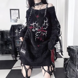 ダークバタフライレースアップスリーブオフショルダーブラックニット（lli_6606）