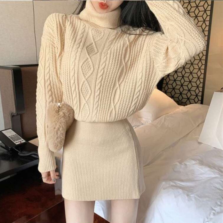 送料無料 ニットワンピース ハイネック ケーブルニット 厚手ニット ブラック アプリコット デート ミニ丈 タイトスカート ミニワンピース Op 084kj ワンピースコーデのお店 Flower Silhouette