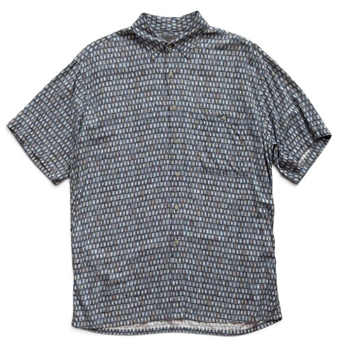 【00s】VAN HEUSEN レーヨン 半袖シャツ アロハ メンズ M 水色/BLUE マルチカラー 総柄 幾何学柄 アート柄 VINTAGE