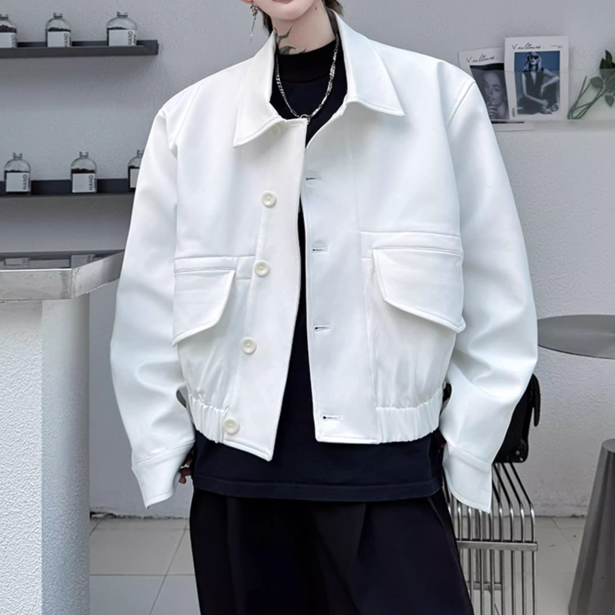 長袖 ショート丈 パッチポケット シャツカラー ジャケット 2color MOJ0137