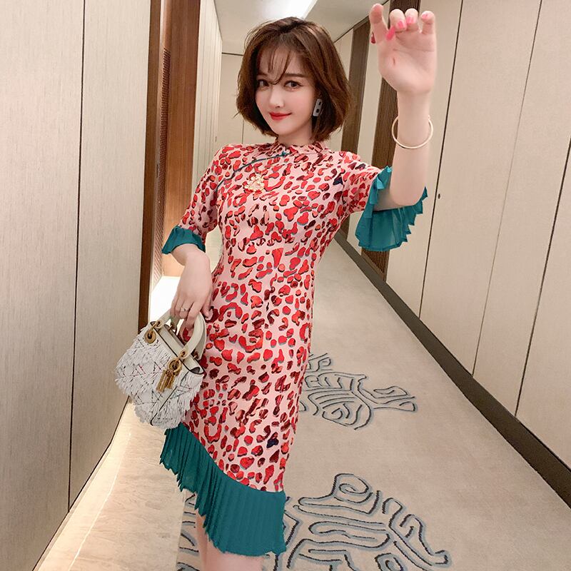 プリントスタンドカラーカラープリーツスリムウェストドレス サマー 夏物 ステッチ MIUCO49838580973