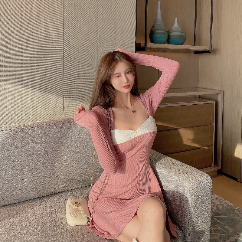 ドレス ウェストスリムロングショートスカート スプリングスタイル ピンク 長袖 春物 ブラックストロベリース22386168614