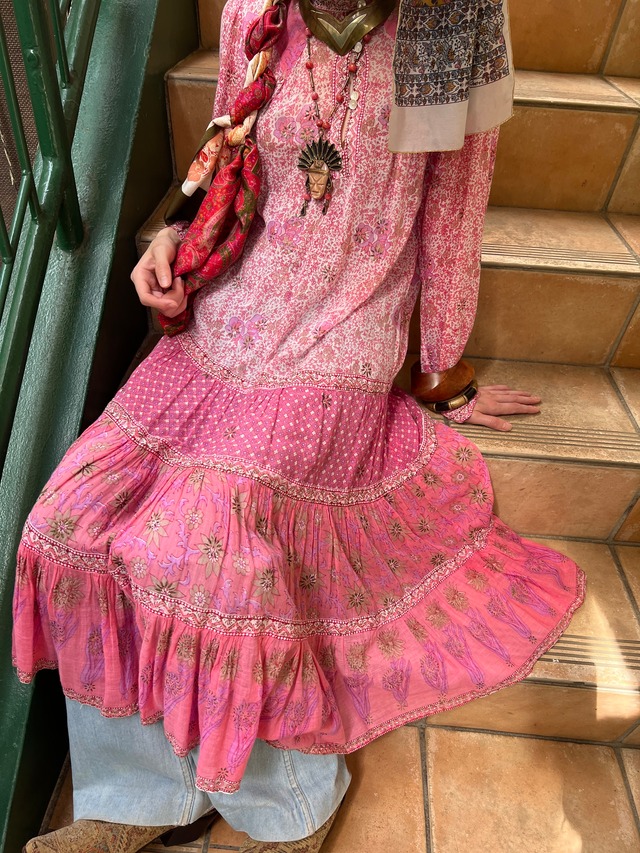 Vintage indian cotton pink floral dress ( ヴィンテージ インド コットン ピンク 花柄 ワンピース )