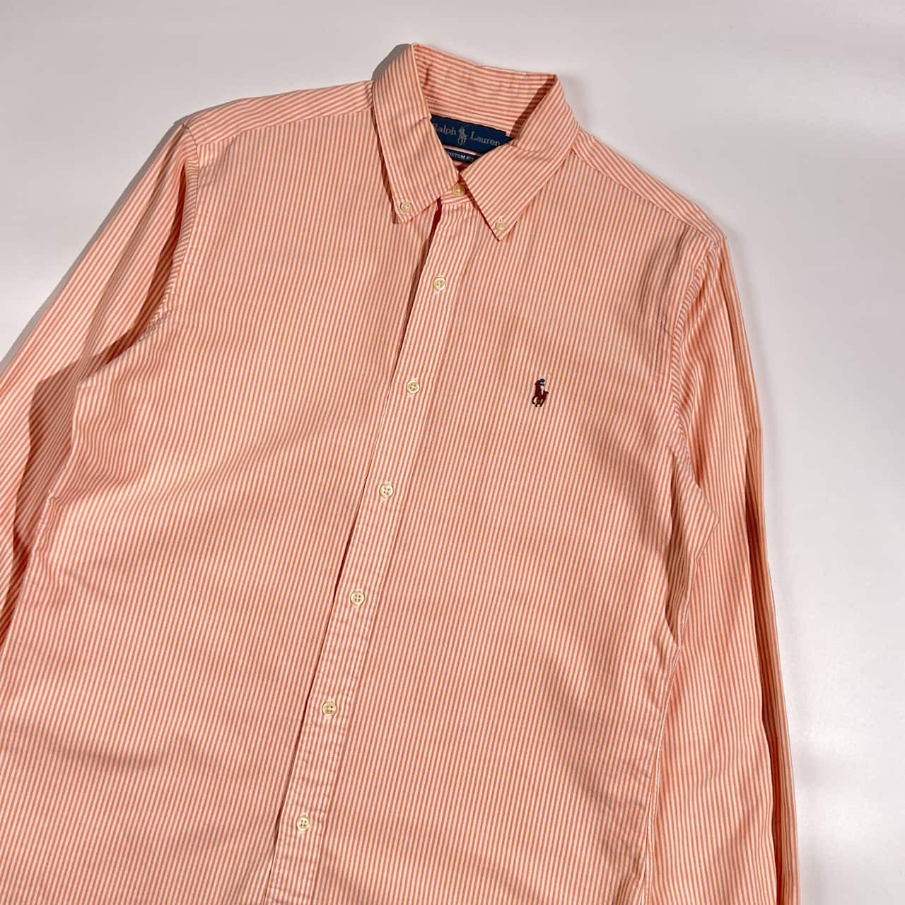 90s Ralph Lauren ラルフローレン CUSTOM FIT ストライプ BD ボタンダウン オックスフォード 長袖シャツ M/オレンジ×ホワイト系 メンズ ビンテージ