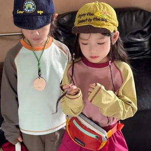 【100-130】秋配色切り替えロゴ刺繍入りコットン長袖Tシャツ キッズ 男女兼用
