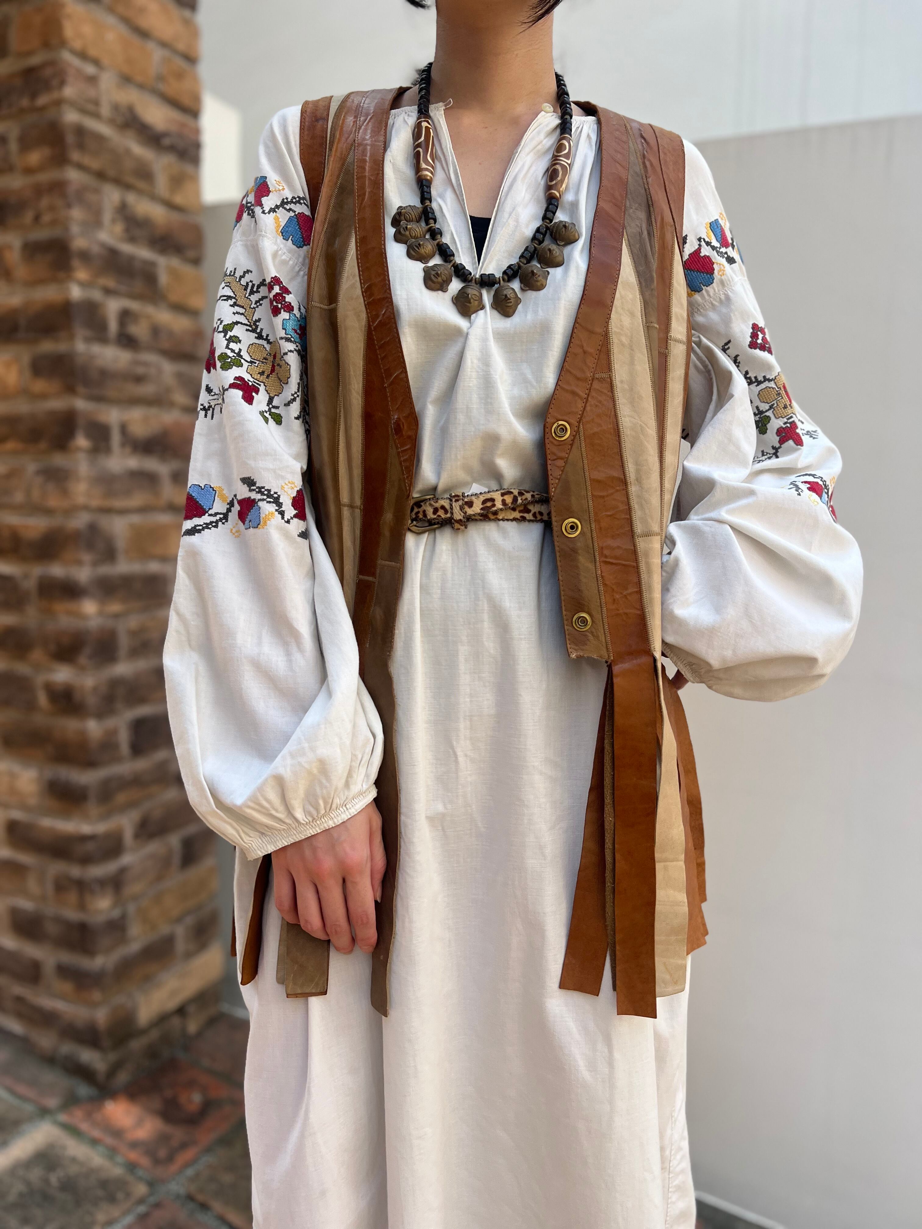 Vintage Ukraina multicolor floral embroidery white cotton dress  