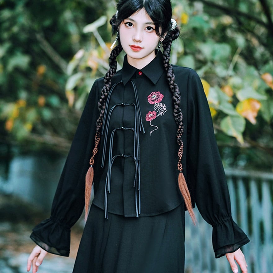 サブカル 服 地雷系 通販 チャイナ風服 チャイナ風服 古怪舎 長袖シャツ トップス フラワーボーン バルーンスリーブ 刺繍 タッセル 闇かわいい