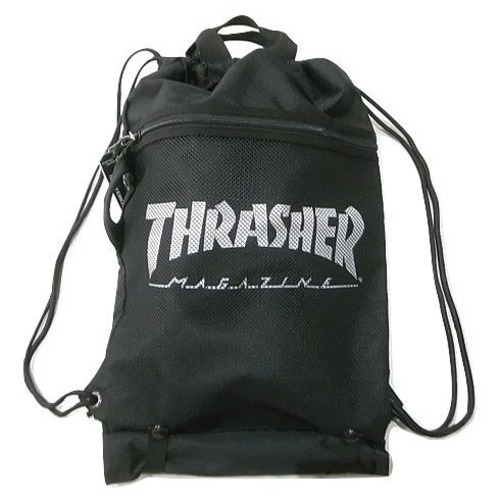 THRASHER (スラッシャー)  ナップサック ロゴプリント メッシュポケット　ブラック/ホワイト  THRSG120
