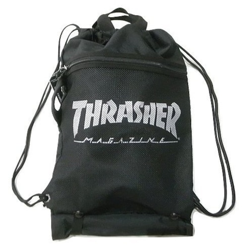 THRASHER (スラッシャー)  ナップサック ロゴプリント メッシュポケット　ブラック/ホワイト  THRSG120
