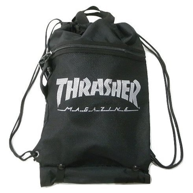 THRASHER (スラッシャー) ナップサック ロゴプリント メッシュポケット ブラック/ホワイト THRSG120