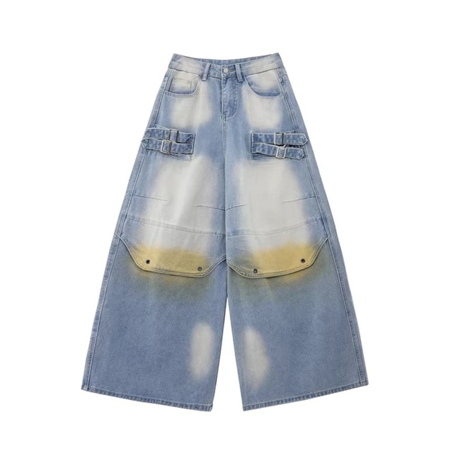 ダブルバックルフェードグラデーションルーズデニムパンツ 1col   R01873