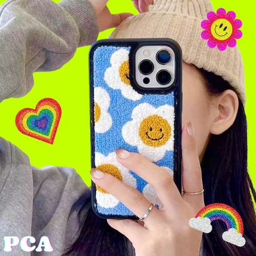 もこもこタオル地 ニコちゃんフラワー 花柄 スマホ ケース カバー iphone 13 7 8 Plus  X XS XR 11 12  MAX アイフォンケース