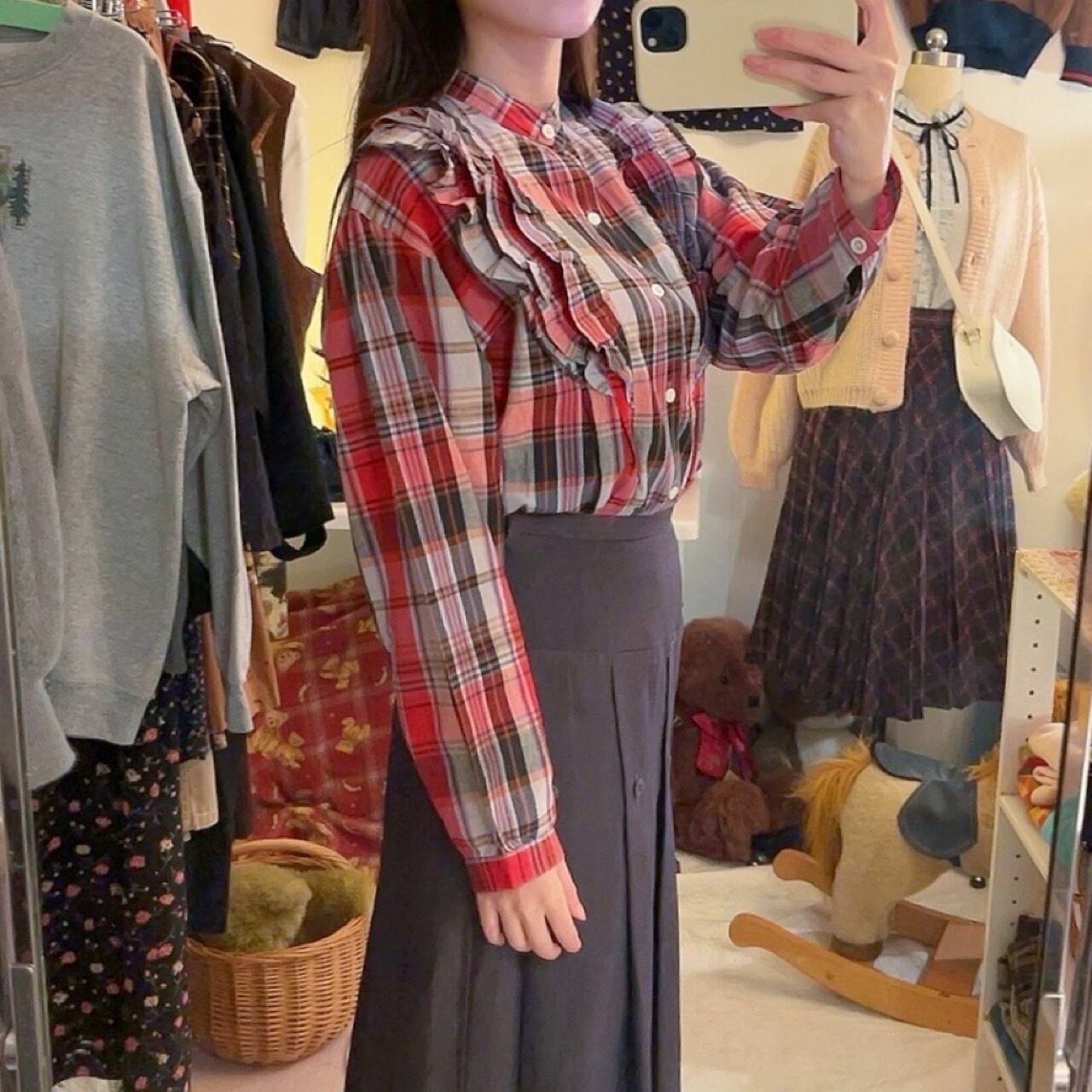 red black check frill blouse