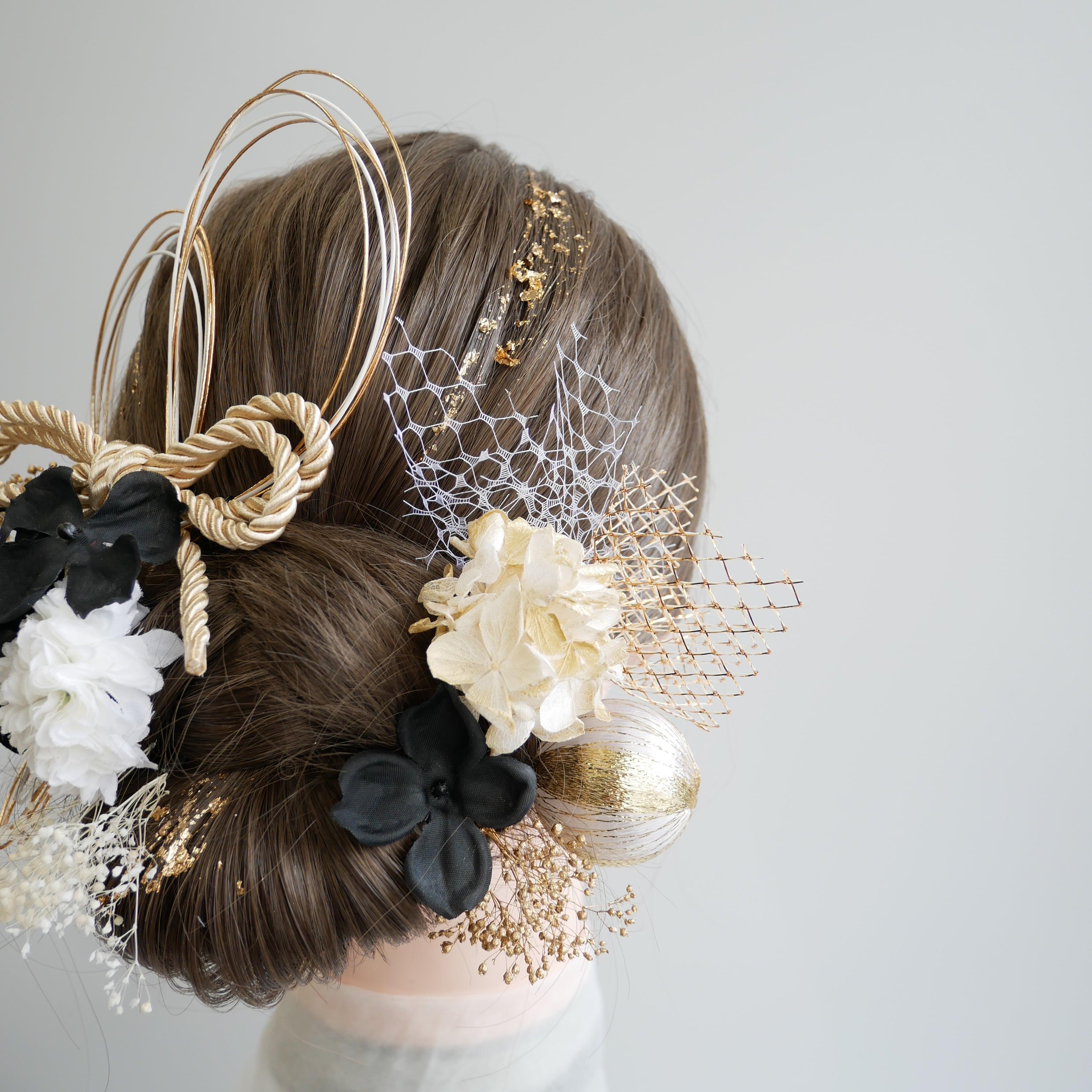 A309 黒 ドライフラワー髪飾り ダブルリボン 水引 和玉 成人式 卒業式