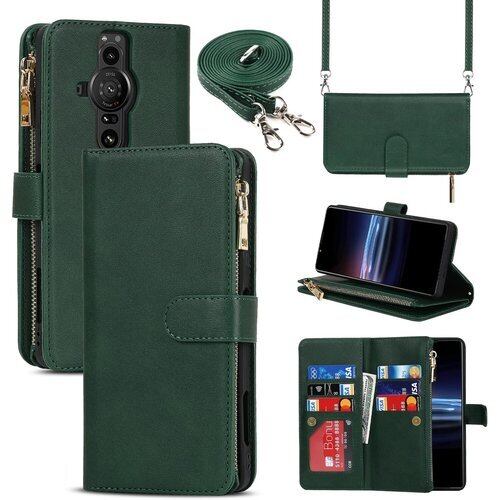 Pelanty for Xperia Pro-I 縄掛けケース手帳型 XQ-BE42 携帯カバー 肩掛け斜めがけ ショルダー 合成皮革+TPU マグネット Sony Xperia Pro-I 財布型カバー ICカード お札入れ小銭入れ大容量 収納ポケット スタンド機能 ソニー エクスペリアPro-I ストラップ付き 落下防止 耐衝撃 全面保護 肩縄付き-グリーン 1184