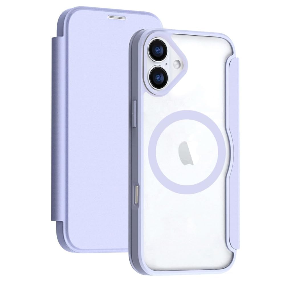 YUYIB スマホケース 対応 iPhone 17 ケース 手帳型 MagSafe対応 背面 クリア 透明 高級なPUレザー+PCパネル+TPUバンパー マグネット開閉 衝撃吸収 軽量薄型 ブランド スマホケース アイフォン17 手帳型 ケース (パープル, 17)