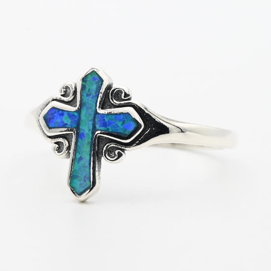 Blue Opal Inlay Graceful Cross Motif Ring #18.5 / Denmark