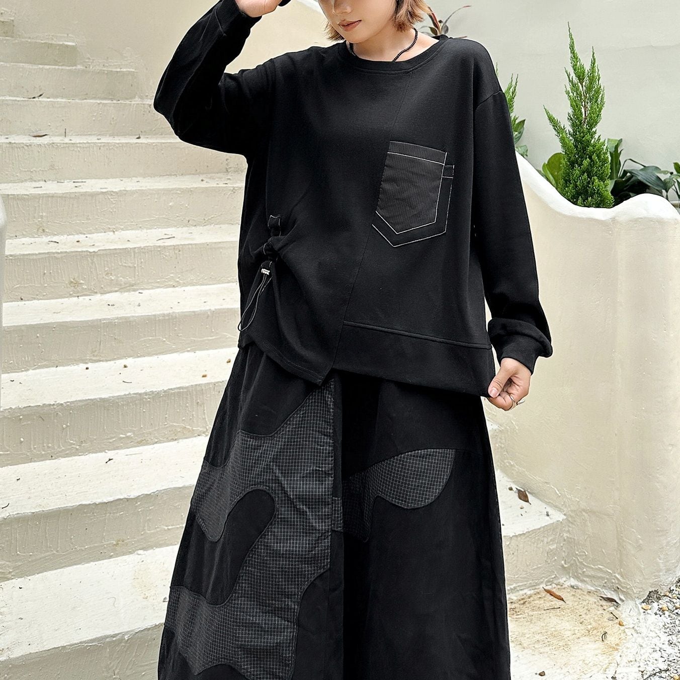 ASYMMETRIC DRAWSTRING LONG SLEEVE SWEATSHIRT M-18399