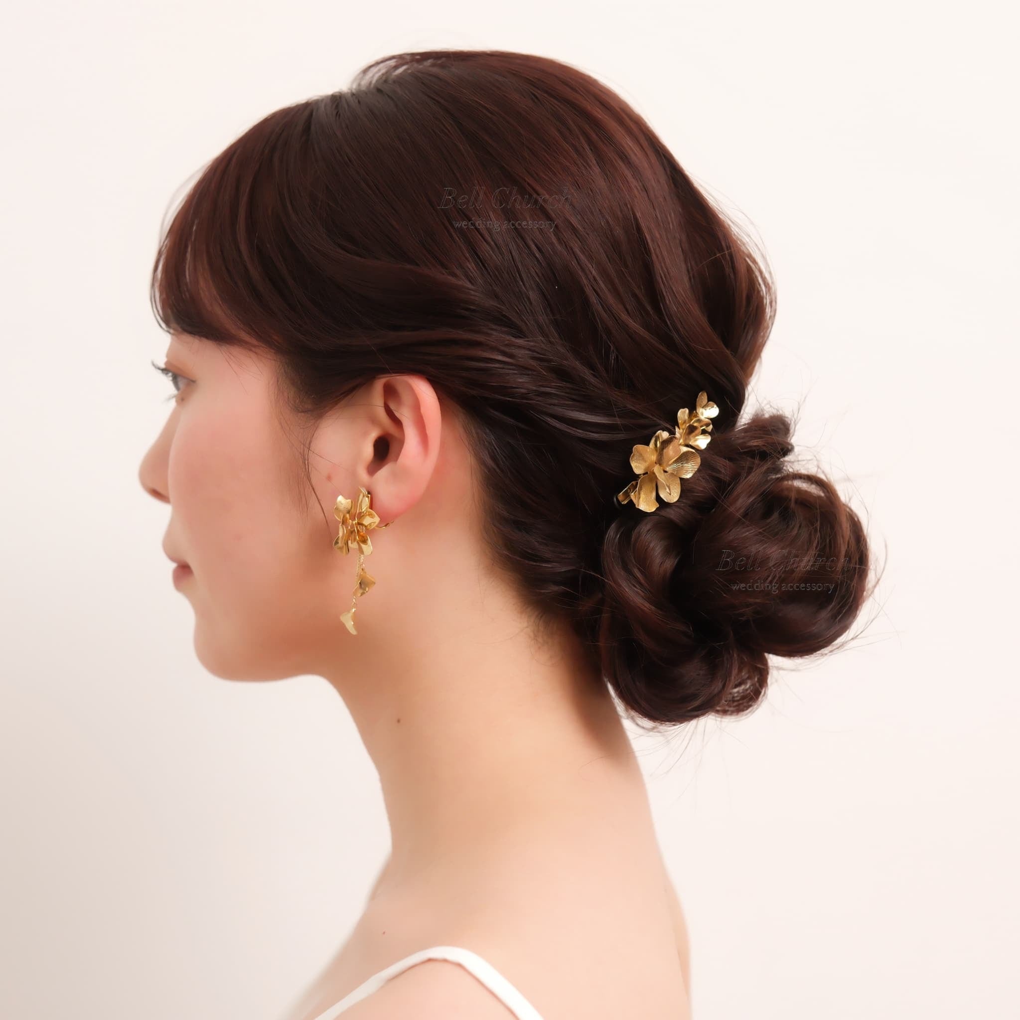 ブライダル ヘアクリップ フラワーお花 メタル ニュアンス ｜ゴールド
